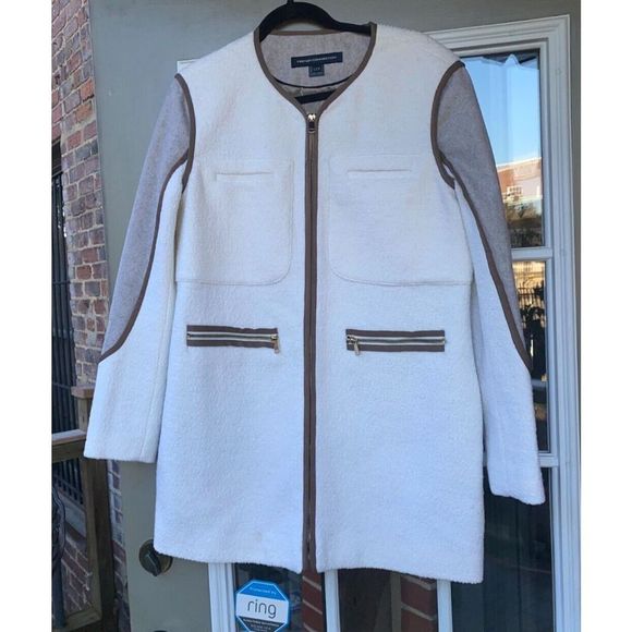 French Connection EUC Coat Ivory Gray Wool Front Zip Pockets, Sz 10, MP $178 - Picture 1 of 11